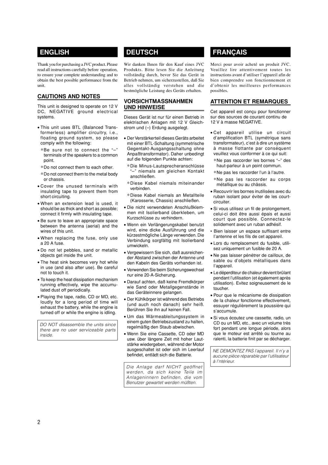 JVC KS-AX4550 English, Deutsch, Français, Cautions And Notes, Vorsichtmassnahmen Und Hinweise, Attention Et Remarques 