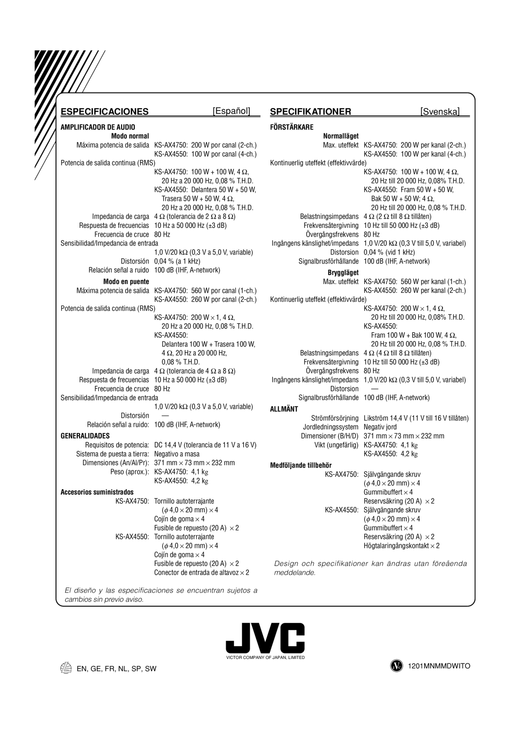 JVC KS-AX4550 manual Especificaciones, Español, Specifikationer, Svenska 