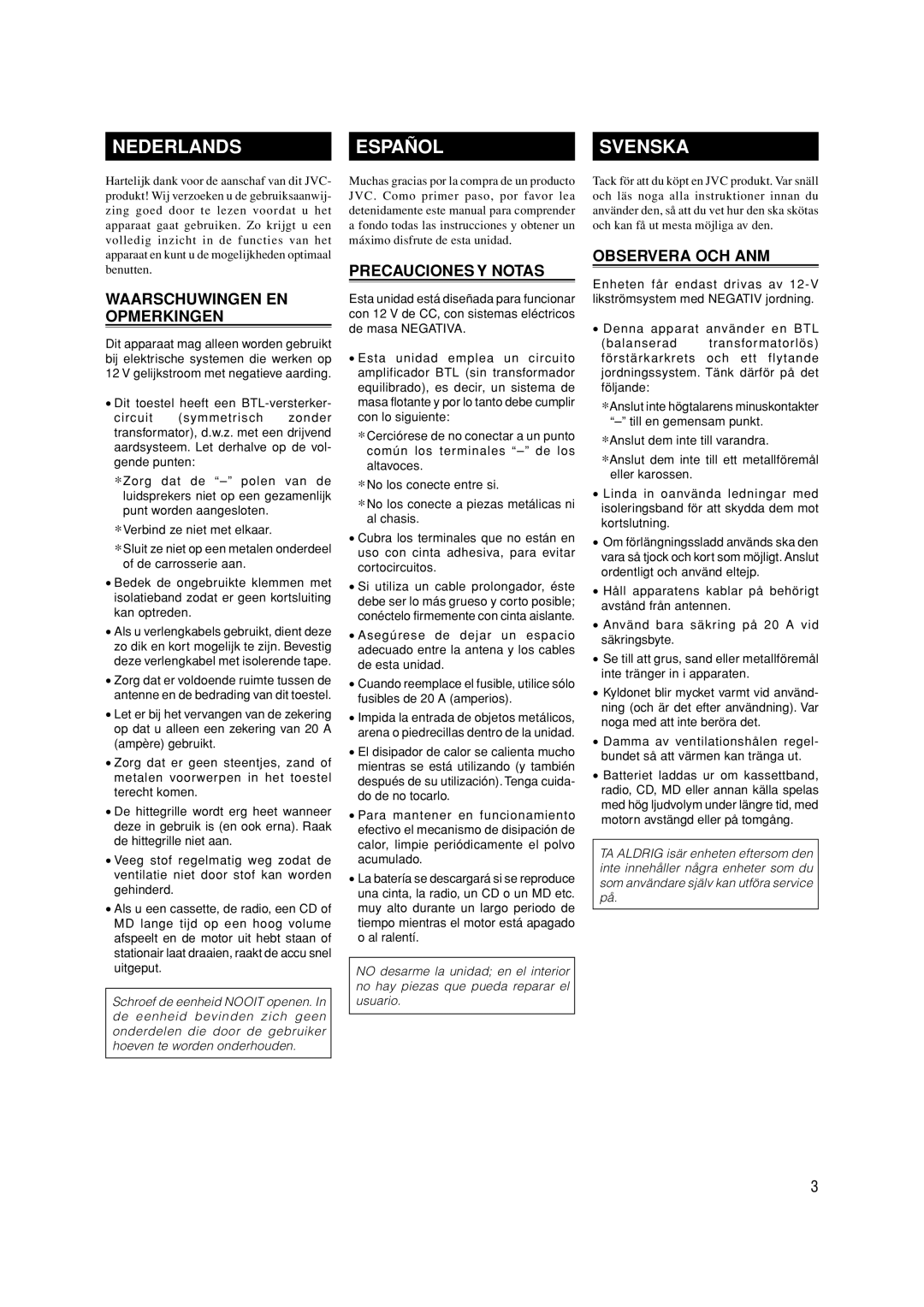 JVC KS-AX4550 manual Nederlands, Español, Svenska, Waarschuwingen En Opmerkingen, Precauciones Y Notas, Observera Och Anm 
