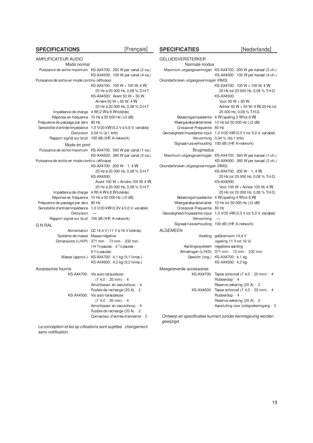 JVC KS-AX4500, KS-AX4700 manual Specificaties 