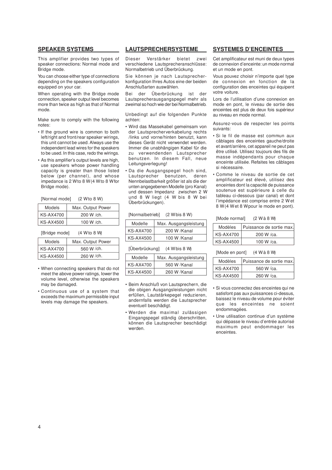 JVC KS-AX4700 manual Speaker Systems, Lautsprechersysteme, Systemes D’ENCEINTES, KS-AX4500 