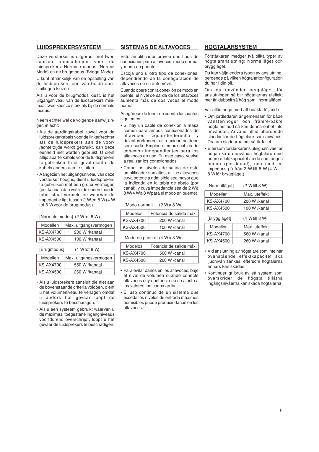 JVC KS-AX4500, KS-AX4700 manual Luidsprekersysteem, Sistemas DE Altavoces, Högtalarsystem 