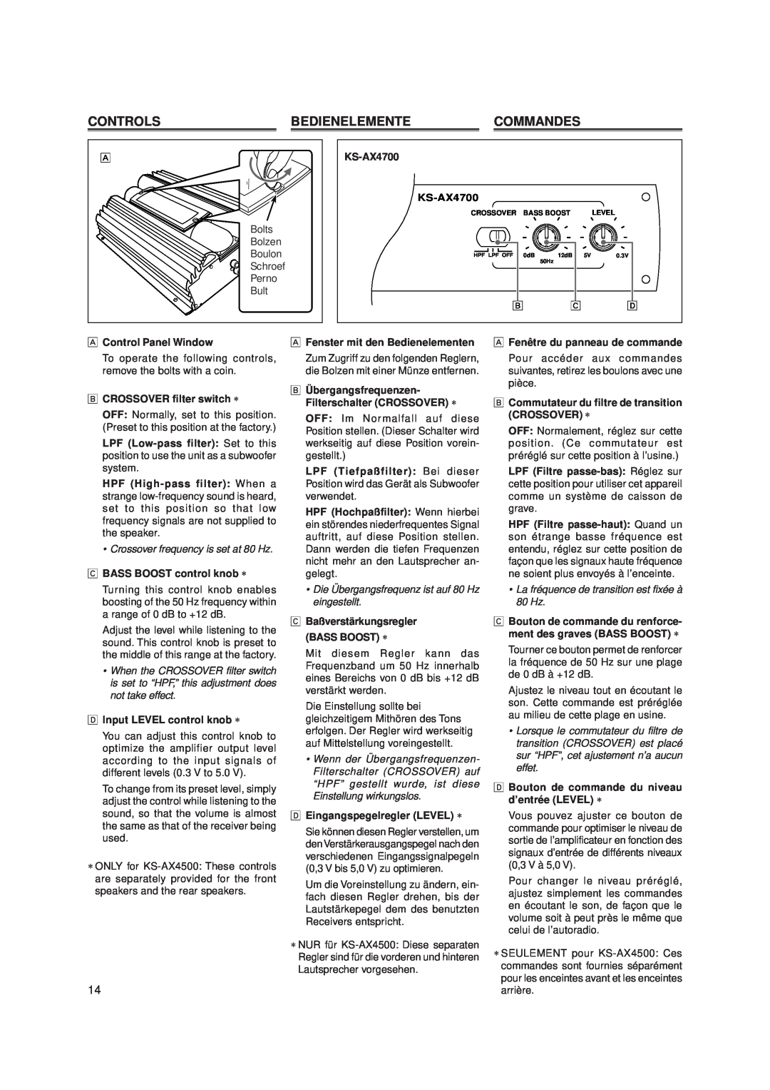JVC KS-AX4700, KS-AX4500 manual Controls, Bedienelemente, Commandes 