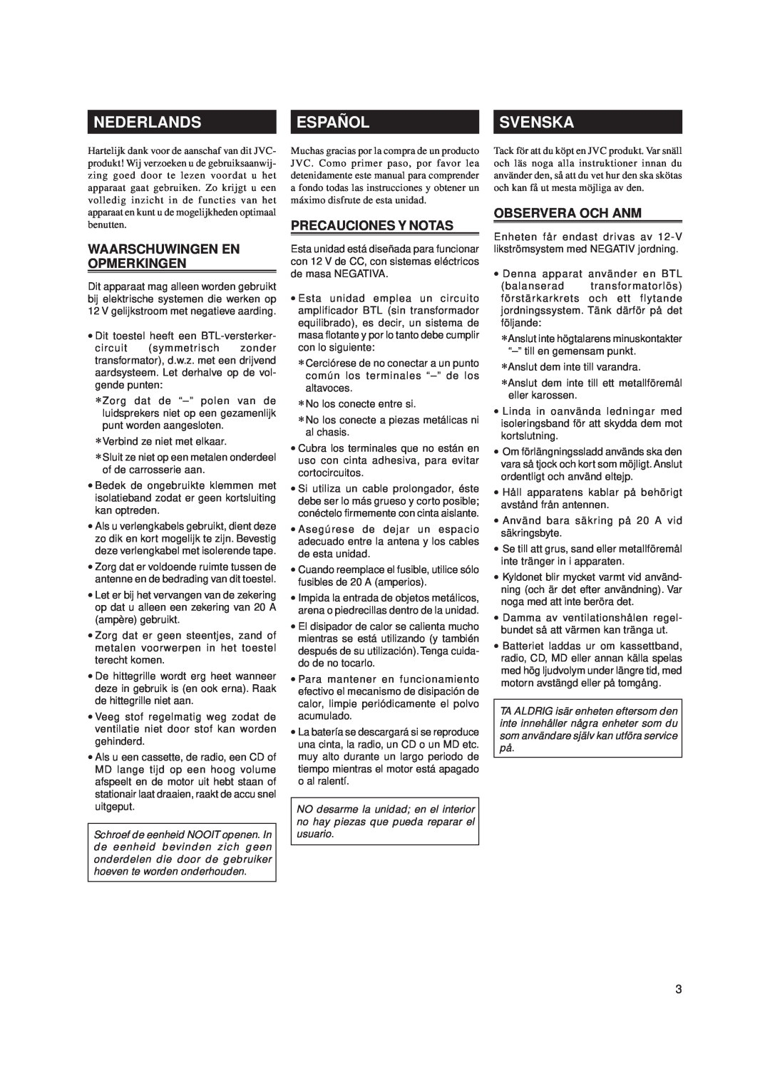 JVC KS-AX4500 manual Nederlands, Español, Svenska, Waarschuwingen En Opmerkingen, Precauciones Y Notas, Observera Och Anm 
