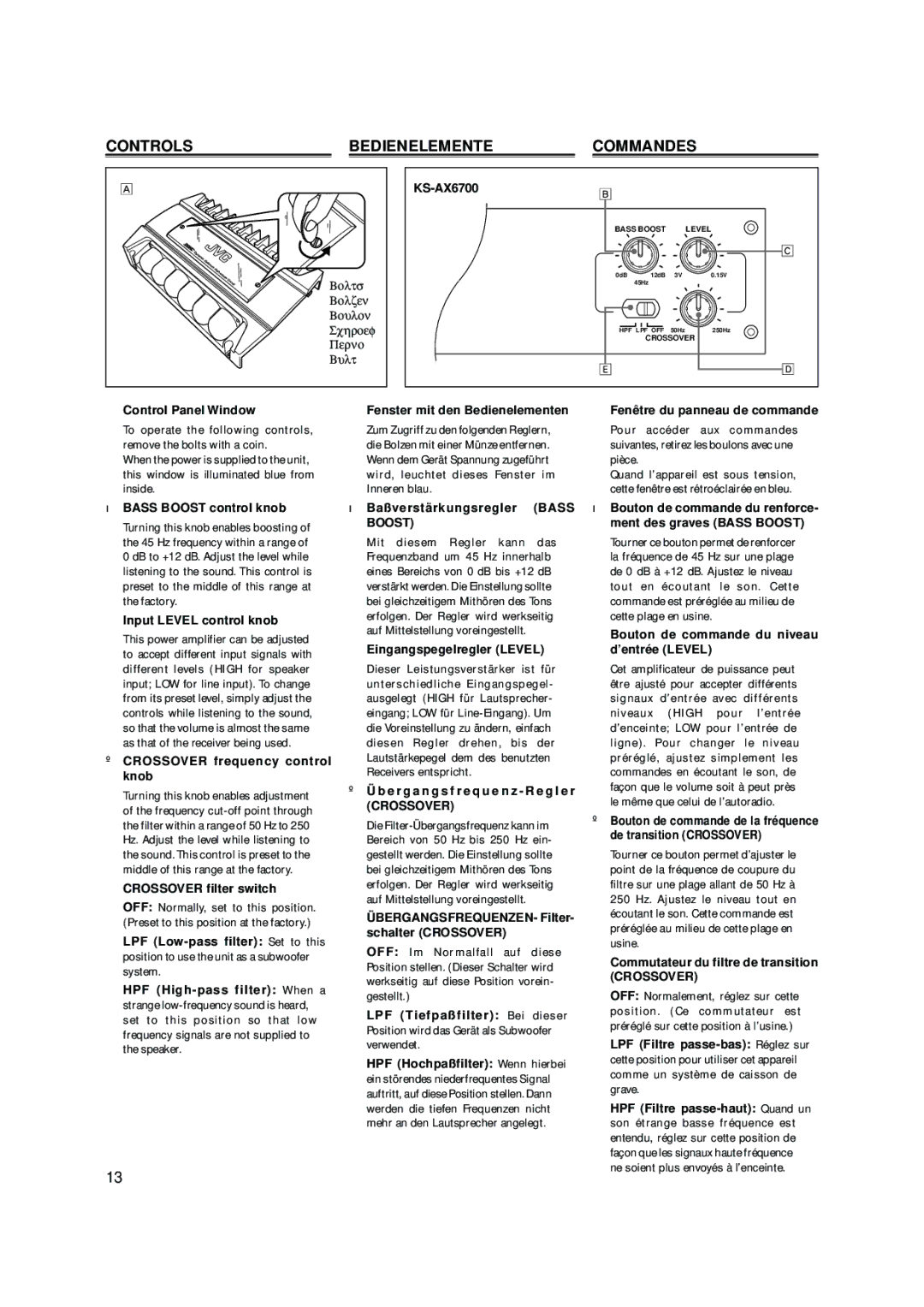 JVC KS-AX6700, KS-AX6300, KS-AX6500 manual Controls Bedienelemente Commandes, Boost, Crossover 