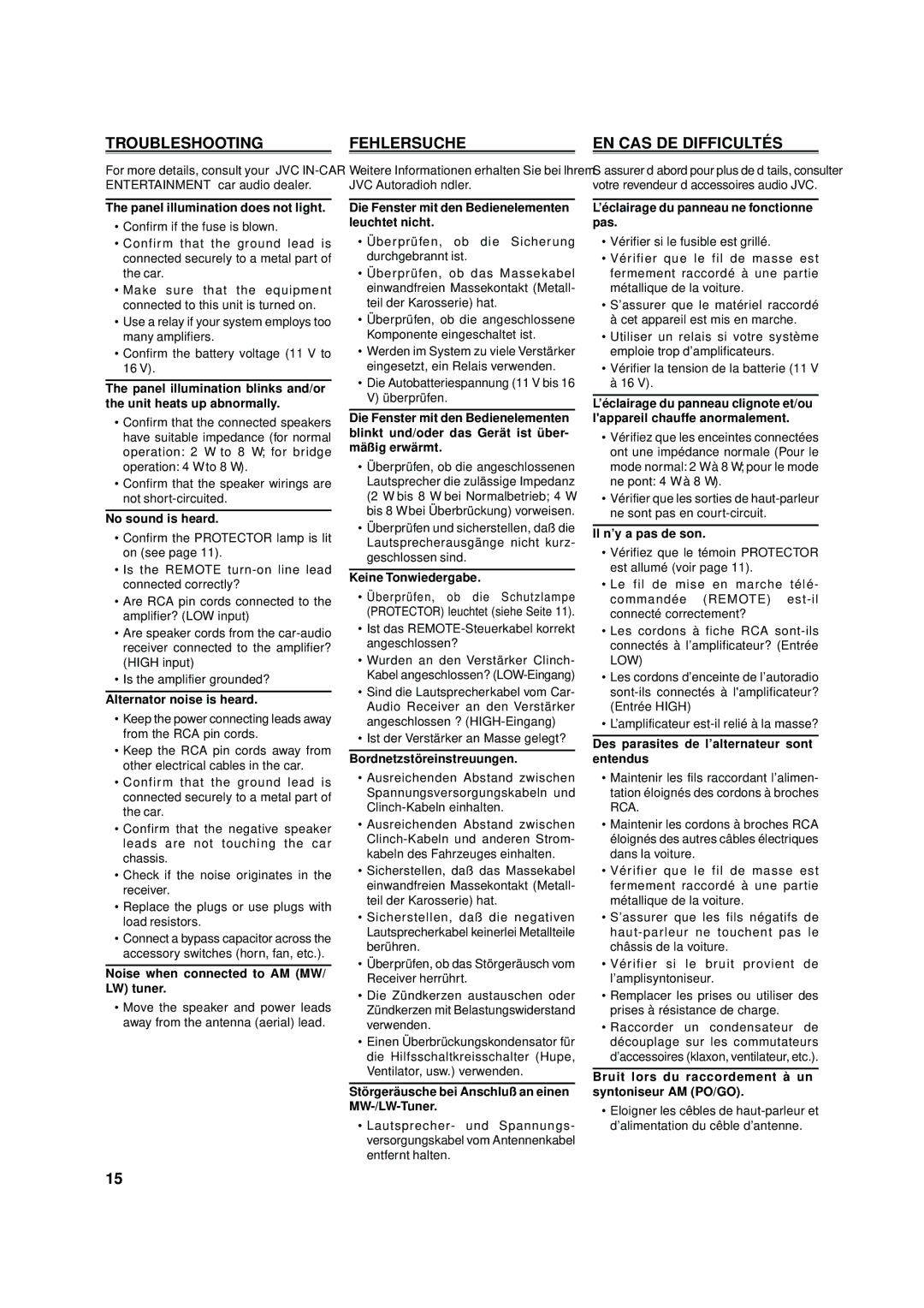 JVC KS-AX6500, KS-AX6300, KS-AX6700 manual Troubleshooting, Fehlersuche, EN CAS DE Difficultés 