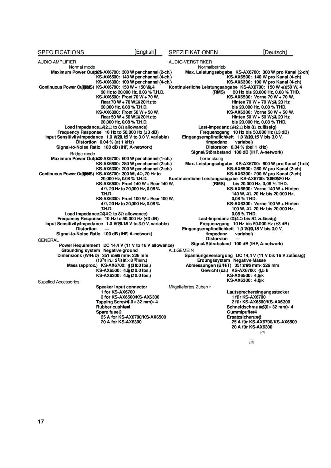 JVC KS-AX6300, KS-AX6500, KS-AX6700 manual Specifications, Spezifikationen 