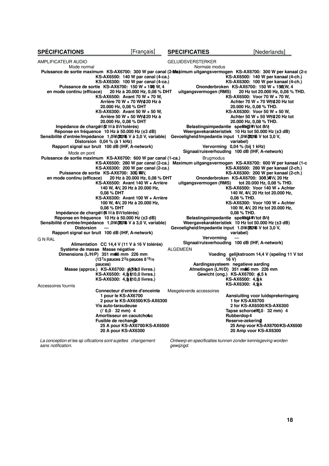 JVC KS-AX6500, KS-AX6300, KS-AX6700 manual Spécifications, Specificaties 