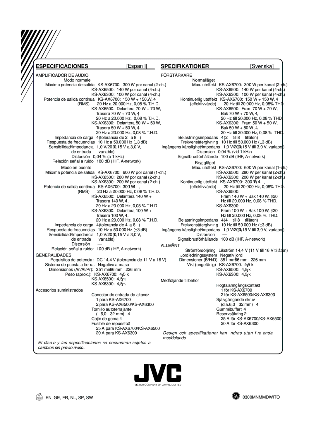 JVC KS-AX6700, KS-AX6300, KS-AX6500 manual Especificaciones, Specifikationer 