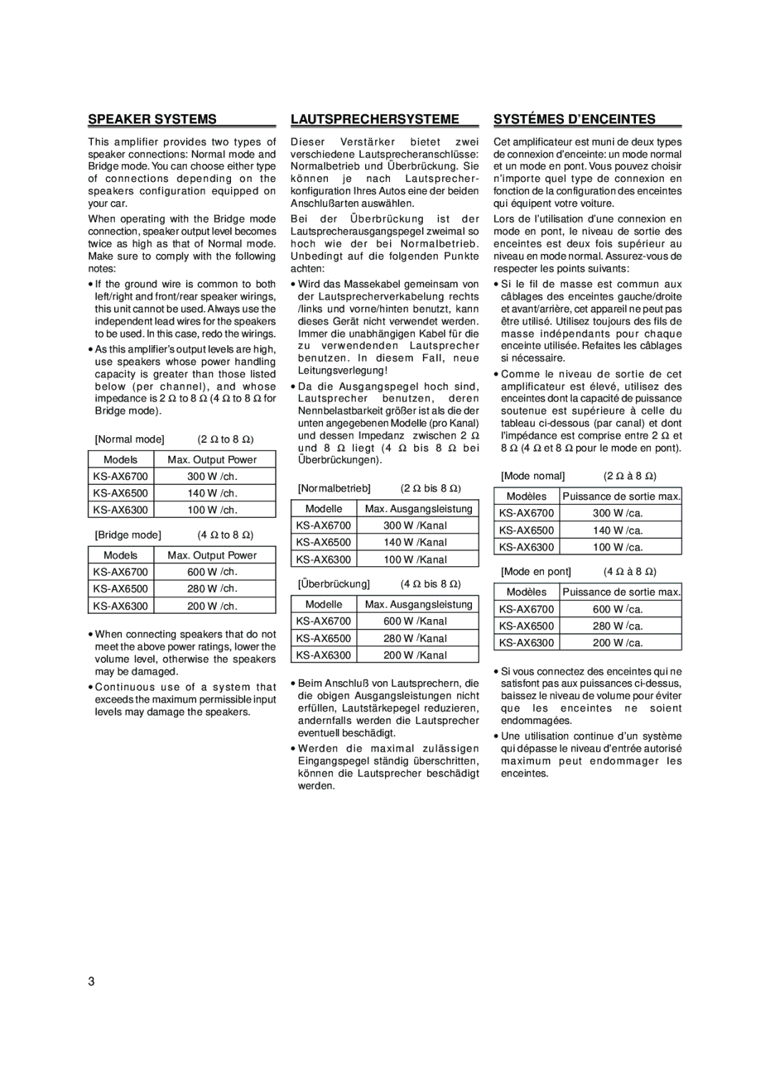 JVC KS-AX6500, KS-AX6300, KS-AX6700 manual Speaker Systems, Lautsprechersysteme, Systémes D’ENCEINTES 