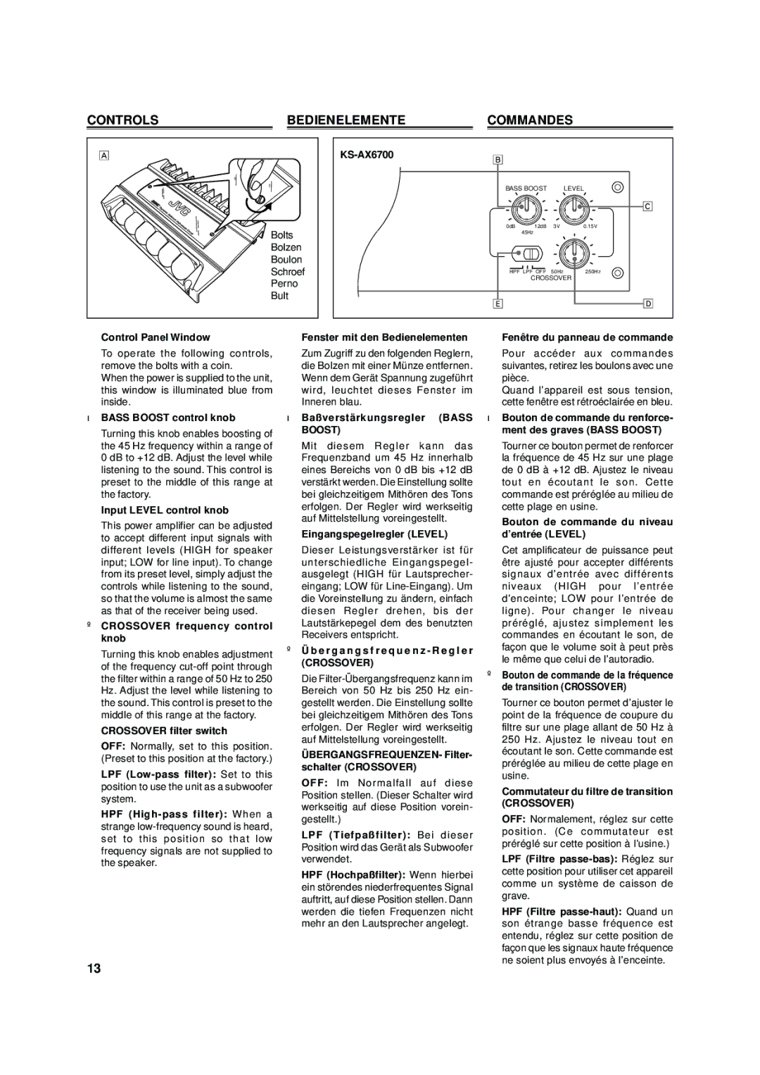 JVC KS-AX6300, KS-AX6500 manual Controls Bedienelemente Commandes, Boost, Crossover 