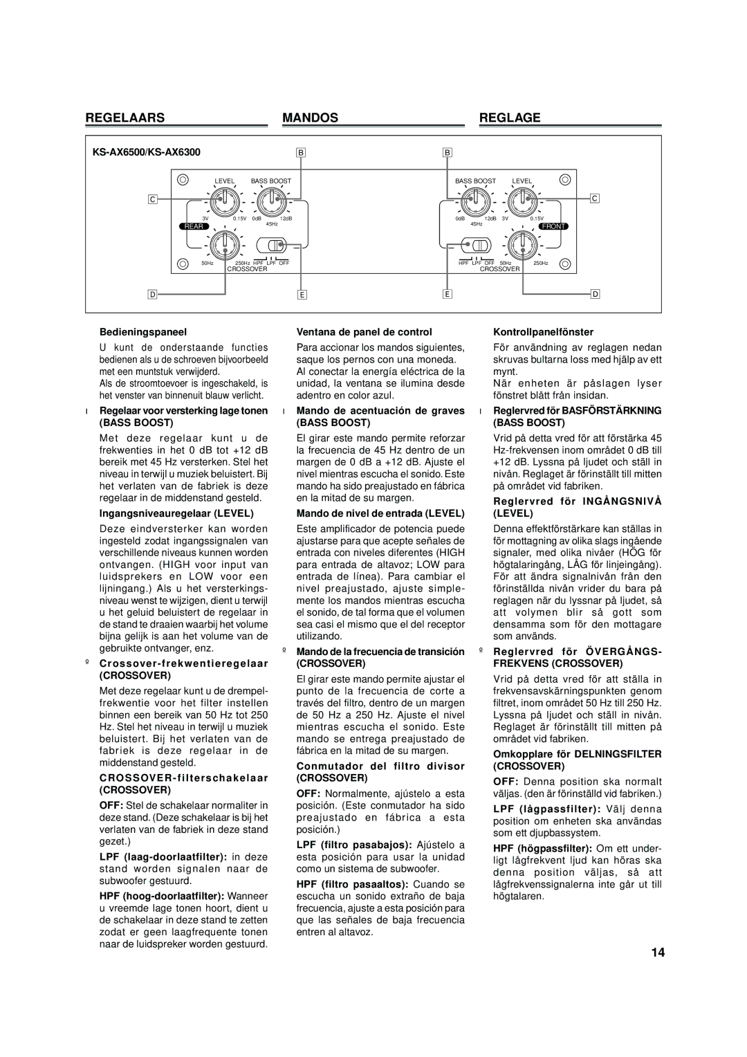 JVC KS-AX6500, KS-AX6300 manual Regelaars Mandos Reglage, Bass Boost, Frekvens Crossover 