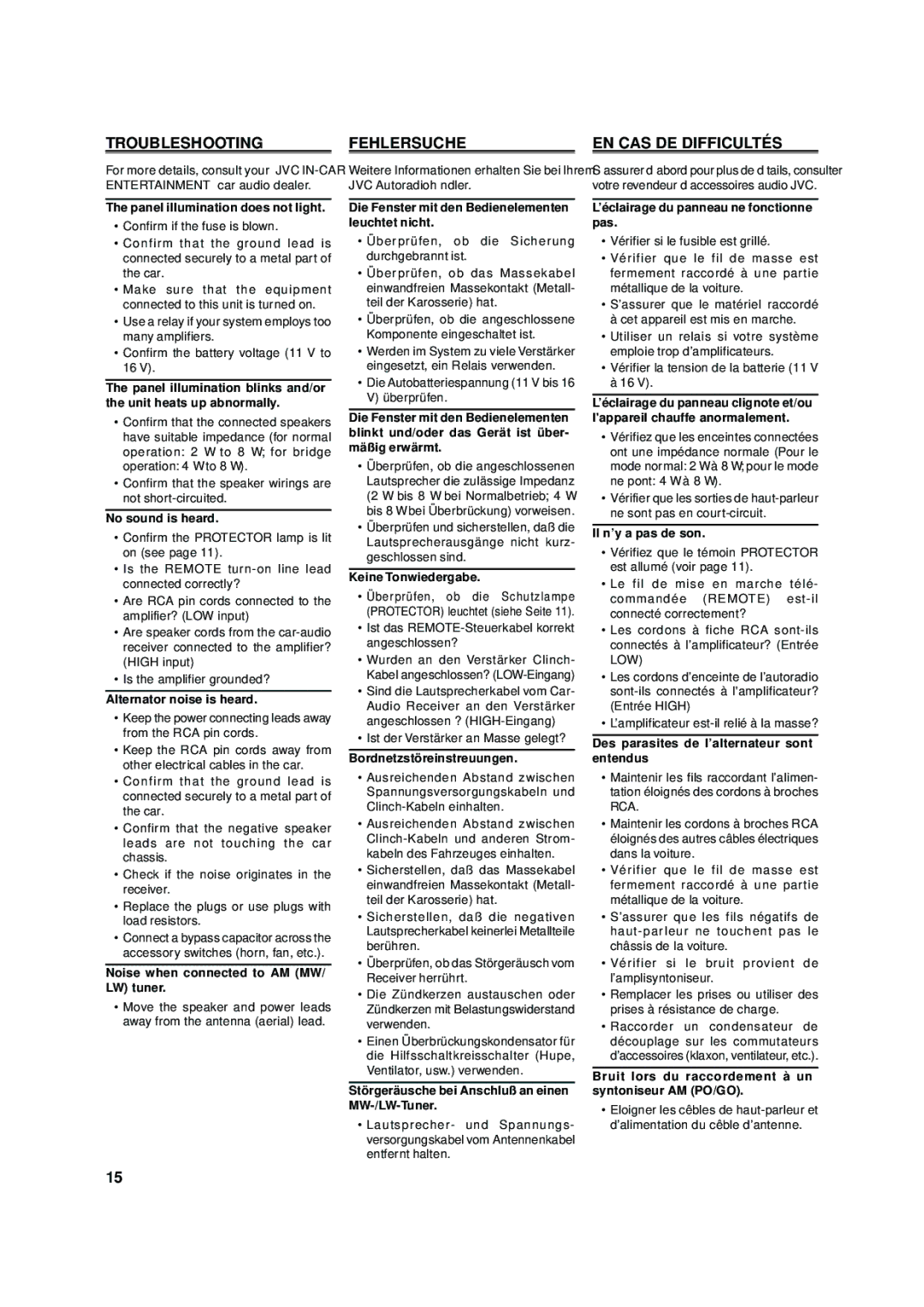 JVC KS-AX6300, KS-AX6500 manual Troubleshooting, Fehlersuche, EN CAS DE Difficultés 