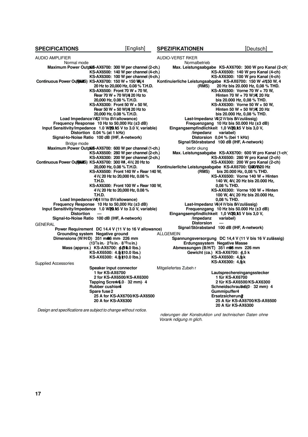 JVC KS-AX6300, KS-AX6500 manual Specifications, Spezifikationen 