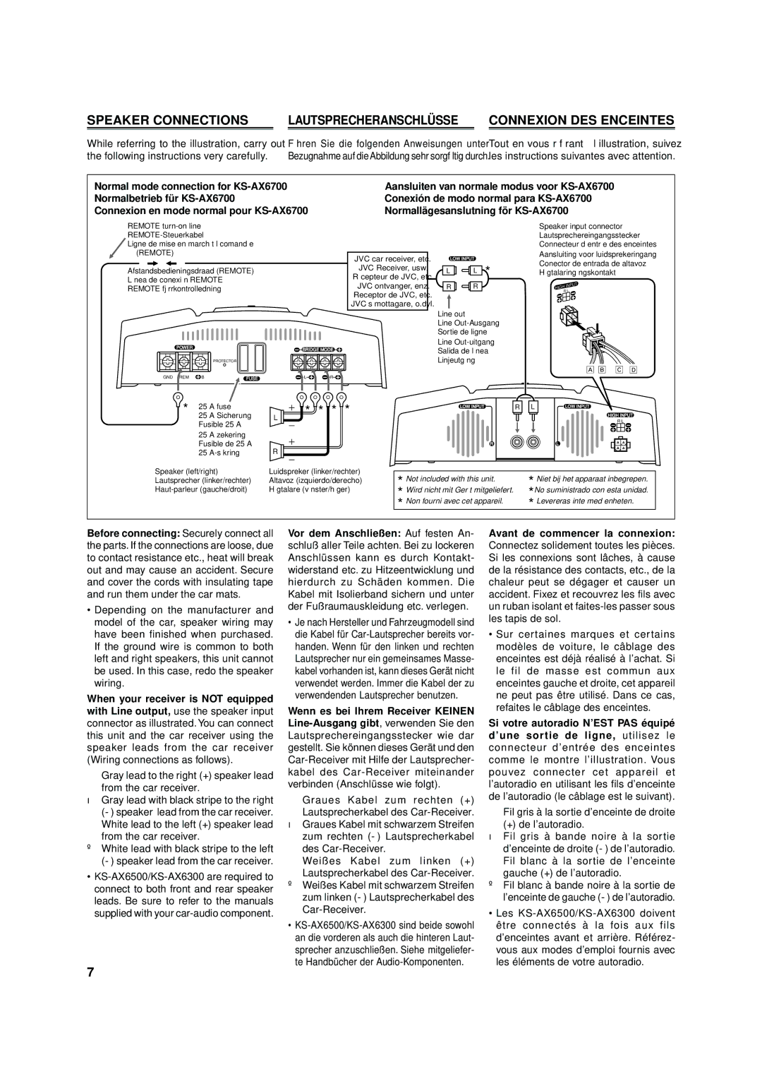 JVC KS-AX6300 manual Connexion en mode normal pour KS-AX6700, Gray lead to the right + speaker lead From the car receiver 