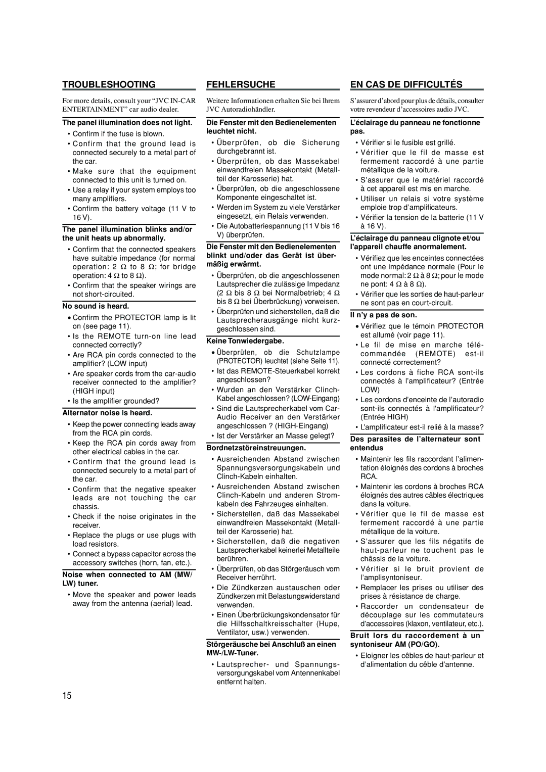 JVC KS-AX6550, KS-AX6750, KS-AX6350 manual Troubleshooting, Fehlersuche, EN CAS DE Difficultés 