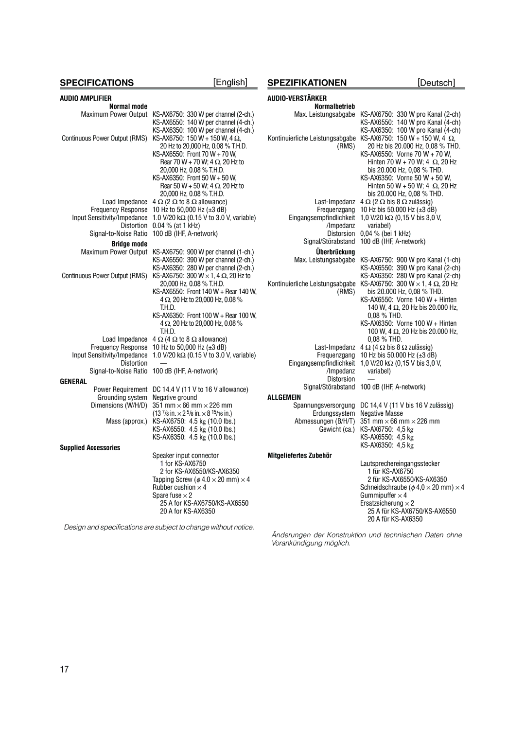 JVC KS-AX6750, KS-AX6550, KS-AX6350 manual Specifications, Spezifikationen 