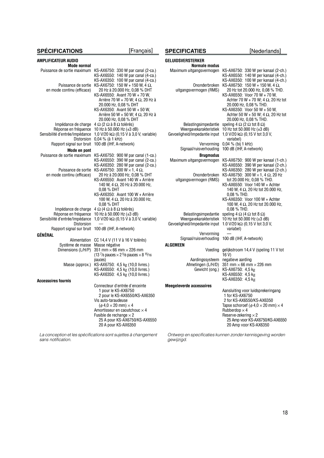 JVC KS-AX6550, KS-AX6750, KS-AX6350 manual Spécifications, Specificaties 