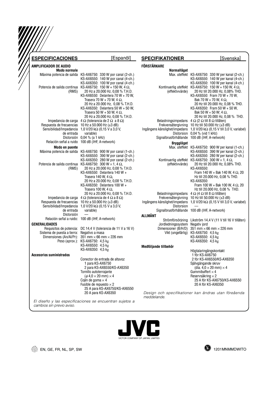 JVC KS-AX6350, KS-AX6750, KS-AX6550 manual Especificaciones, Specifikationer 