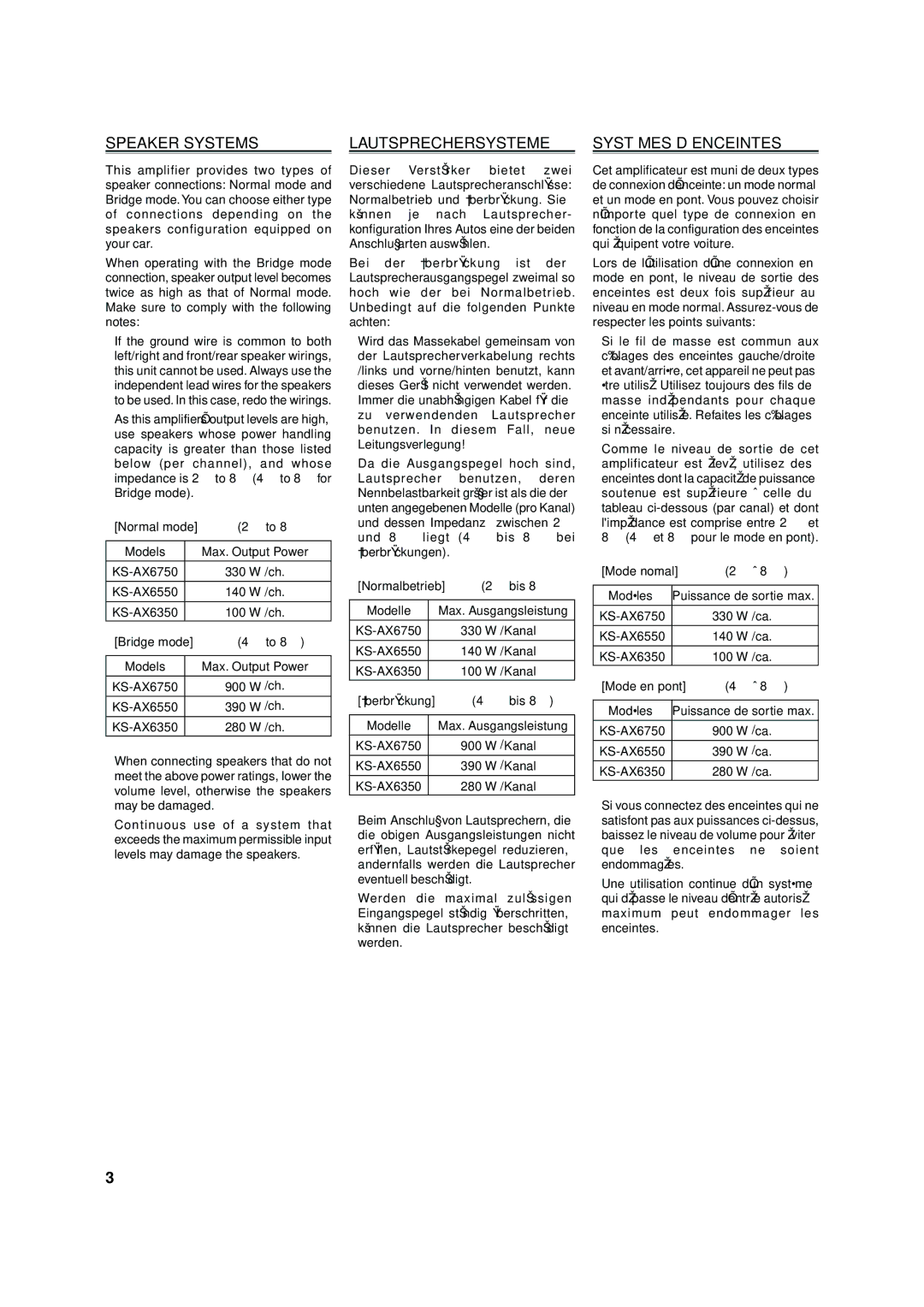 JVC KS-AX6550, KS-AX6750, KS-AX6350 manual Speaker Systems, Lautsprechersysteme, Systémes D’ENCEINTES 