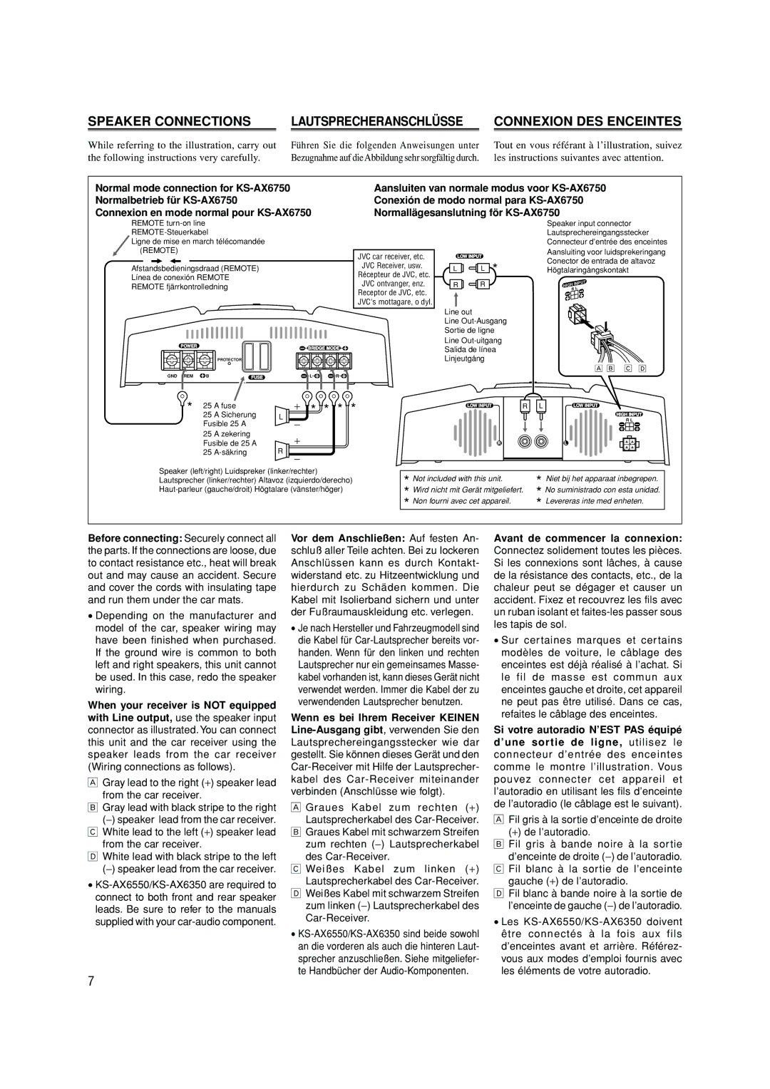 JVC KS-AX6350 manual Connexion en mode normal pour KS-AX6750, Gray lead to the right + speaker lead From the car receiver 