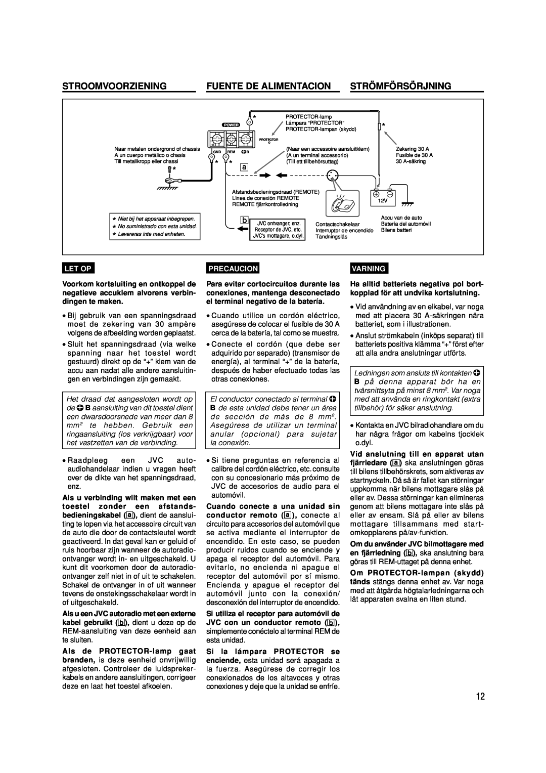 JVC KS-AX6550, KS-AX6750 manual Stroomvoorziening, Fuente De Alimentacion, Strömförsörjning, Let Op, Precaucion, Varning 