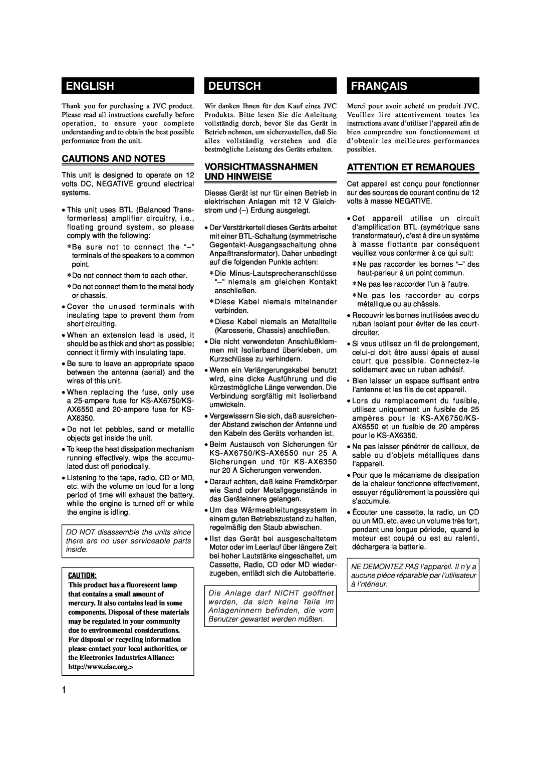 JVC KS-AX6350 English, Deutsch, Français, Cautions And Notes, Vorsichtmassnahmen Und Hinweise, Attention Et Remarques 
