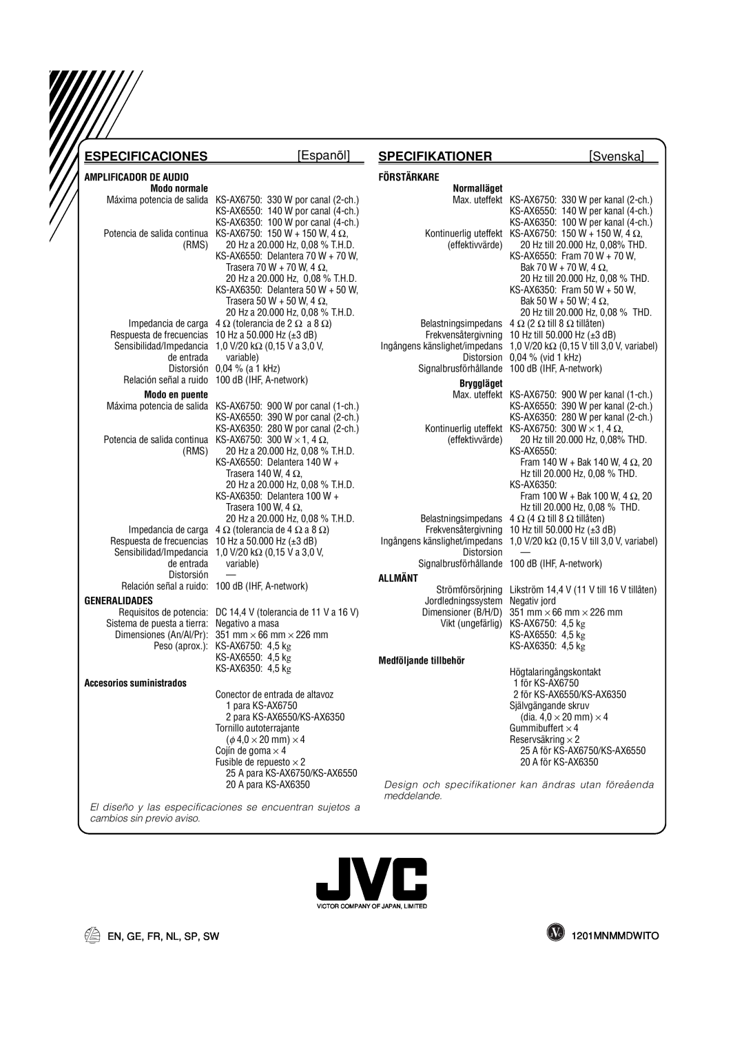JVC KS-AX6350, KS-AX6750, KS-AX6550 manual Especificaciones, Espanõl, Specifikationer, Svenska 