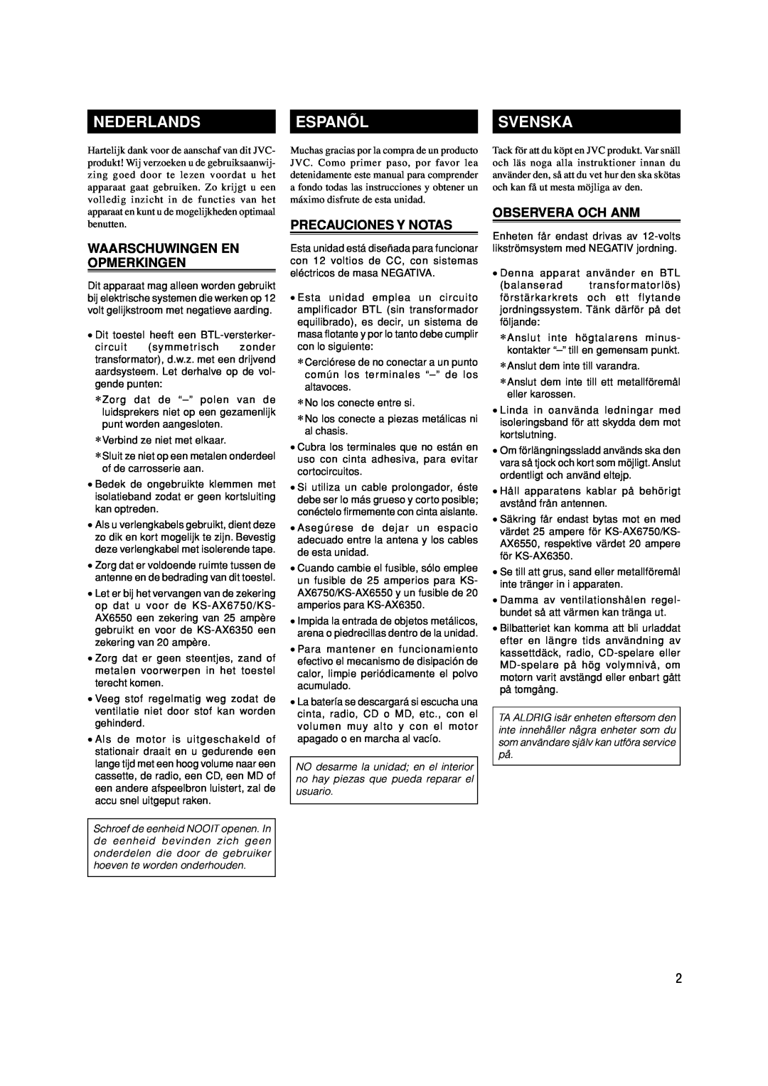 JVC KS-AX6750 manual Nederlands, Espanõl, Svenska, Waarschuwingen En Opmerkingen, Precauciones Y Notas, Observera Och Anm 