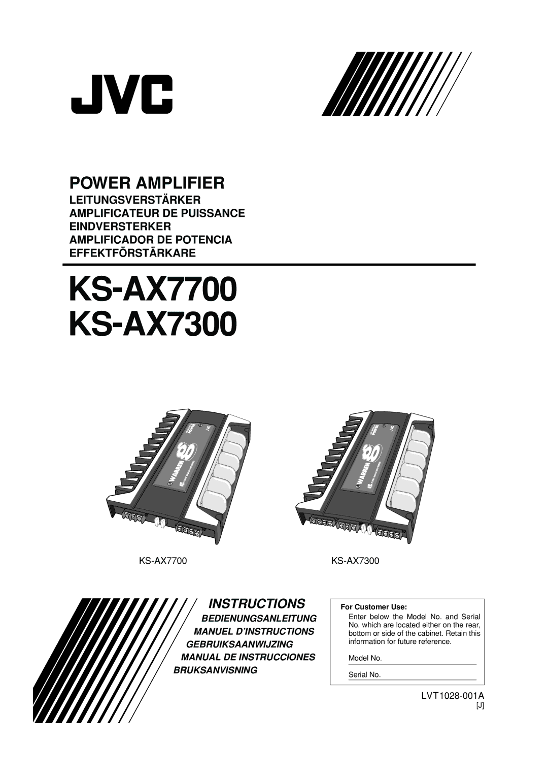 JVC KS-AX7300, KS-AX7700 manual Power Amplifier, For Customer Use 