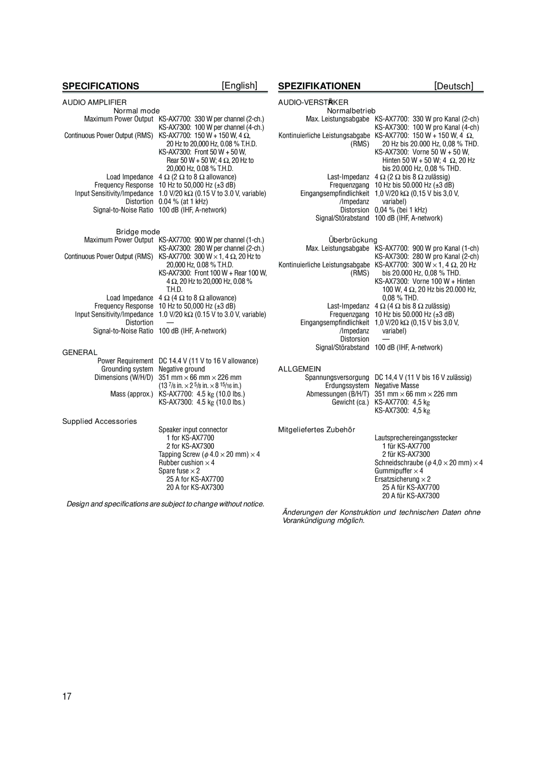 JVC KS-AX7700, KS-AX7300 manual Specifications, Spezifikationen 