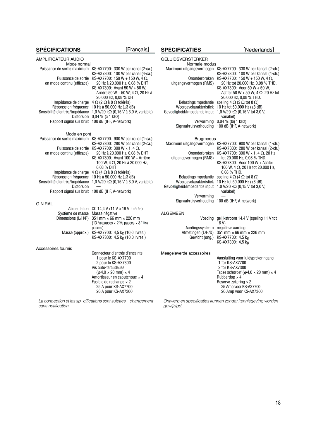 JVC KS-AX7300, KS-AX7700 manual Spécifications, Specificaties 