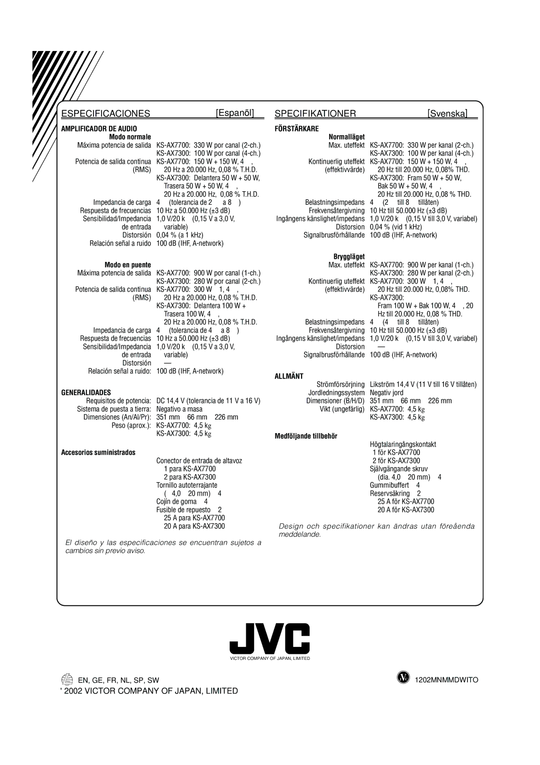 JVC KS-AX7700, KS-AX7300 manual Especificaciones, Specifikationer 