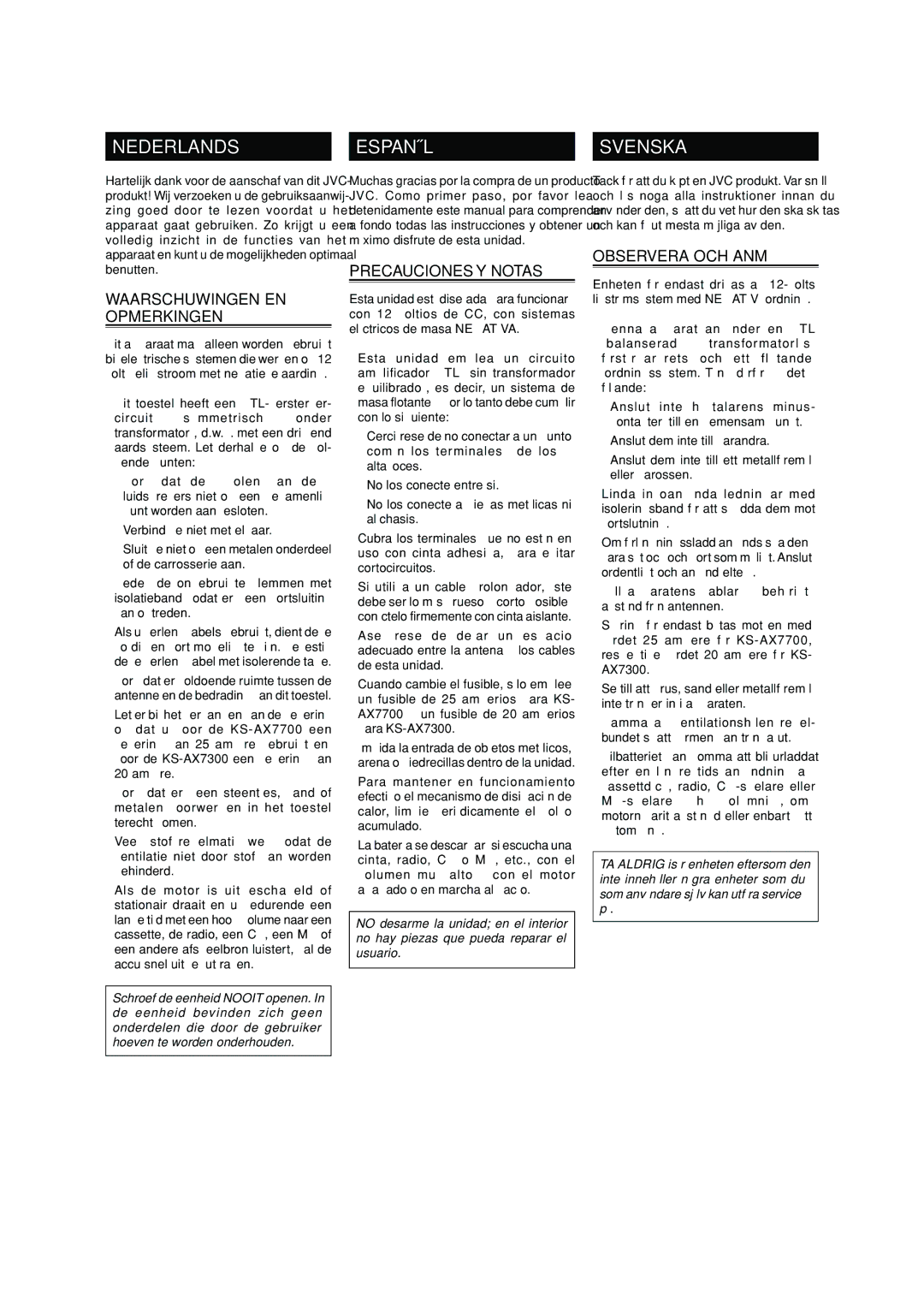 JVC KS-AX7300, KS-AX7700 manual Waarschuwingen EN Opmerkingen, Precauciones Y Notas, Observera OCH ANM 