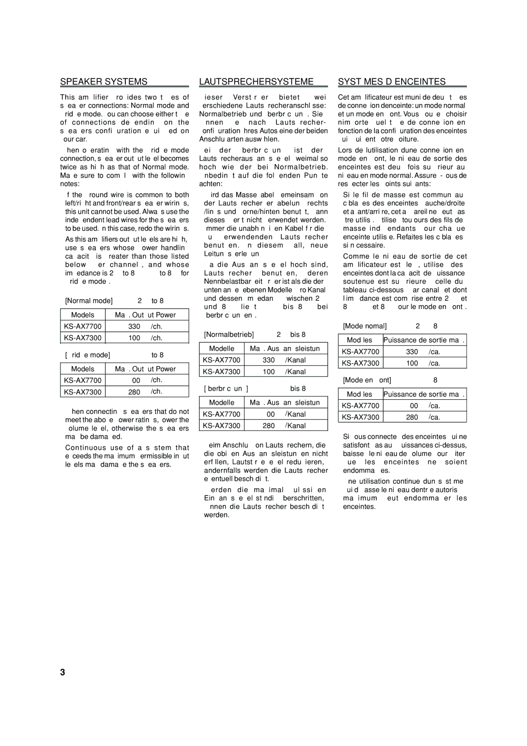 JVC KS-AX7700, KS-AX7300 manual Speaker Systems, Lautsprechersysteme, Systémes D’ENCEINTES 
