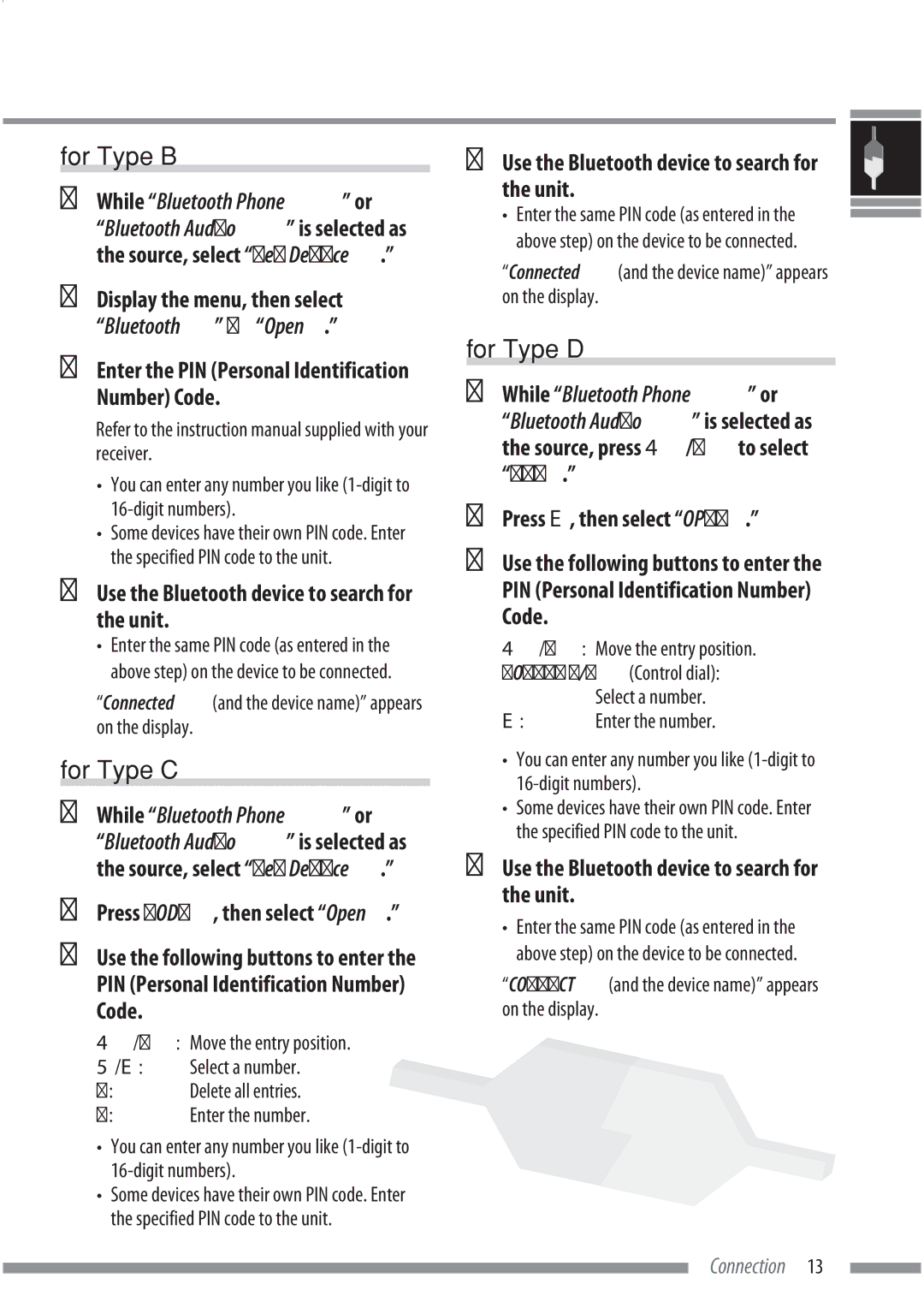 JVC KS-BTA200 manual For Type B, For Type C, For Type D, While Bluetooth Phone or 