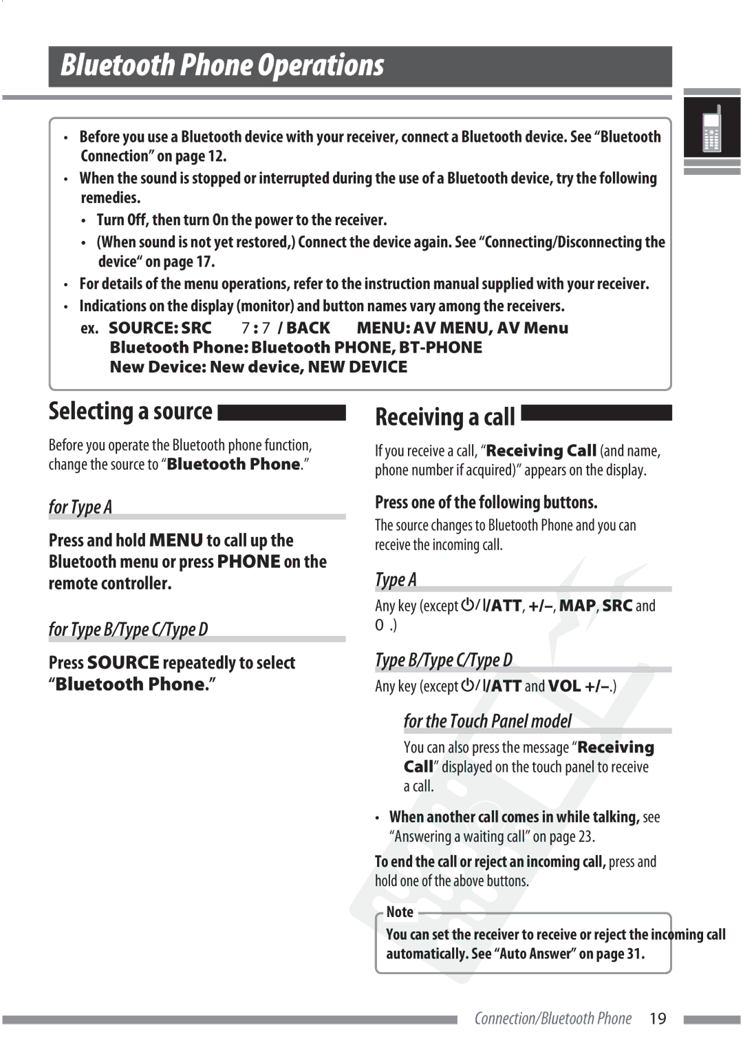 JVC KS-BTA200 manual Bluetooth Phone Operations, Receiving a call, Type a, Type B/Type C/Type D, For the Touch Panel model 