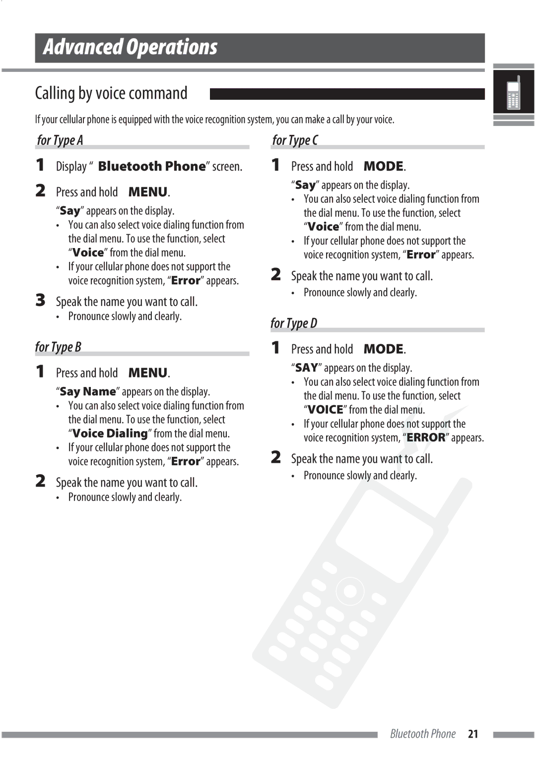 JVC KS-BTA200 manual Advanced Operations, Calling by voice command, Press and hold Menu, Press and hold Mode 