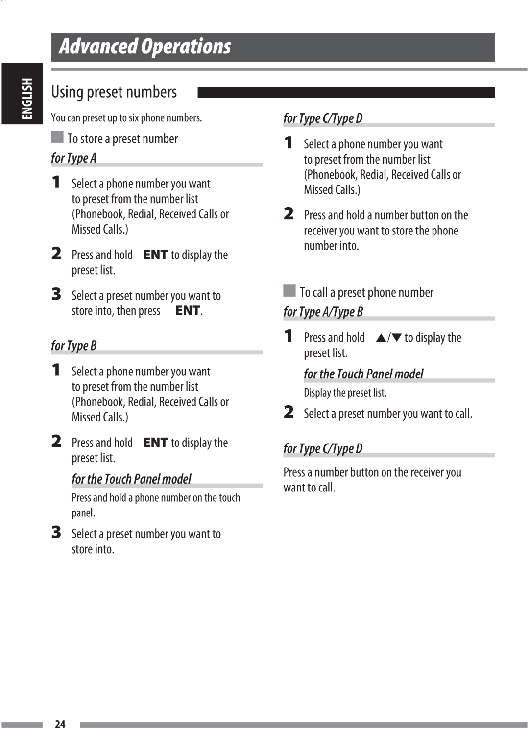 JVC KS-BTA200 manual Using preset numbers, To store a preset number, For Type C/Type D, To call a preset phone number 