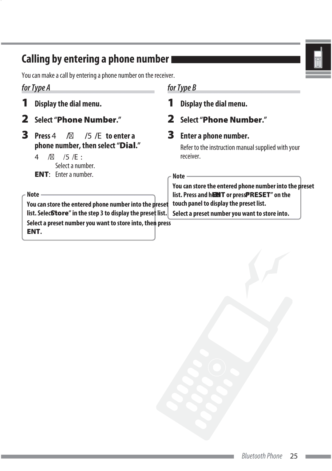 JVC KS-BTA200 manual Calling by entering a phone number, Display the dial menu Select Phone Number 