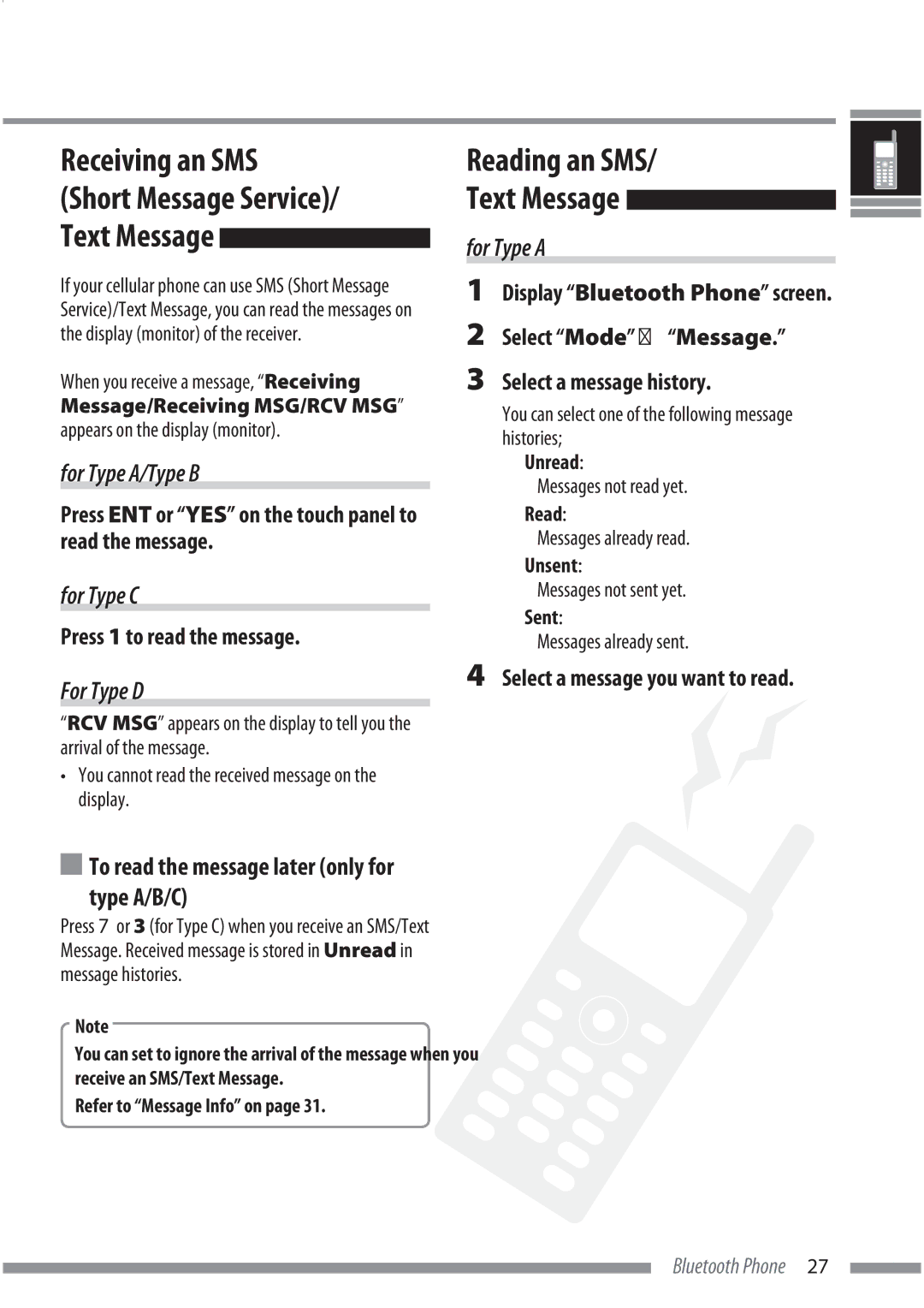 JVC KS-BTA200 manual Receiving an SMS Short Message Service, Reading an SMS/ Text Message, Press 1 to read the message 