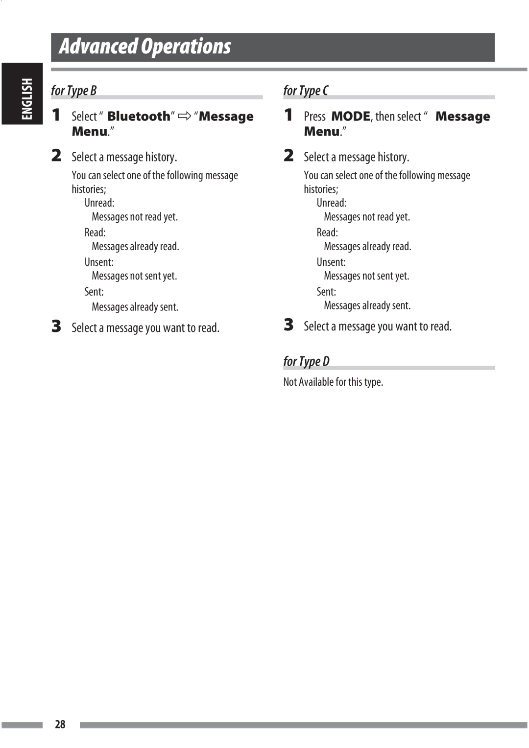 JVC KS-BTA200 manual Select Bluetooth Message Menu Select a message history, Not Available for this type 