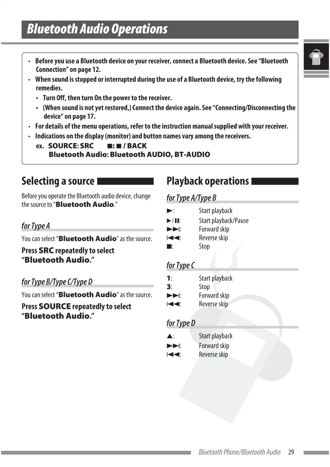 JVC KS-BTA200 manual Bluetooth Audio Operations, Start playback, Forward skip, Reverse skip, Stop 