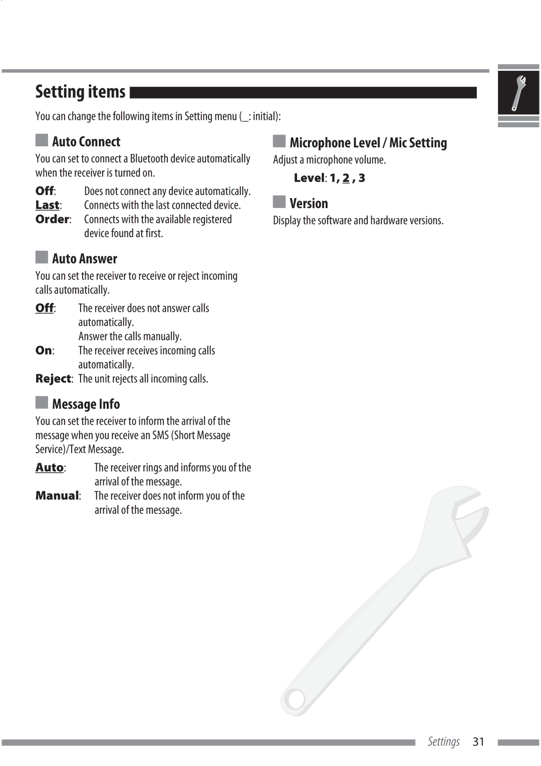 JVC KS-BTA200 manual Setting items 