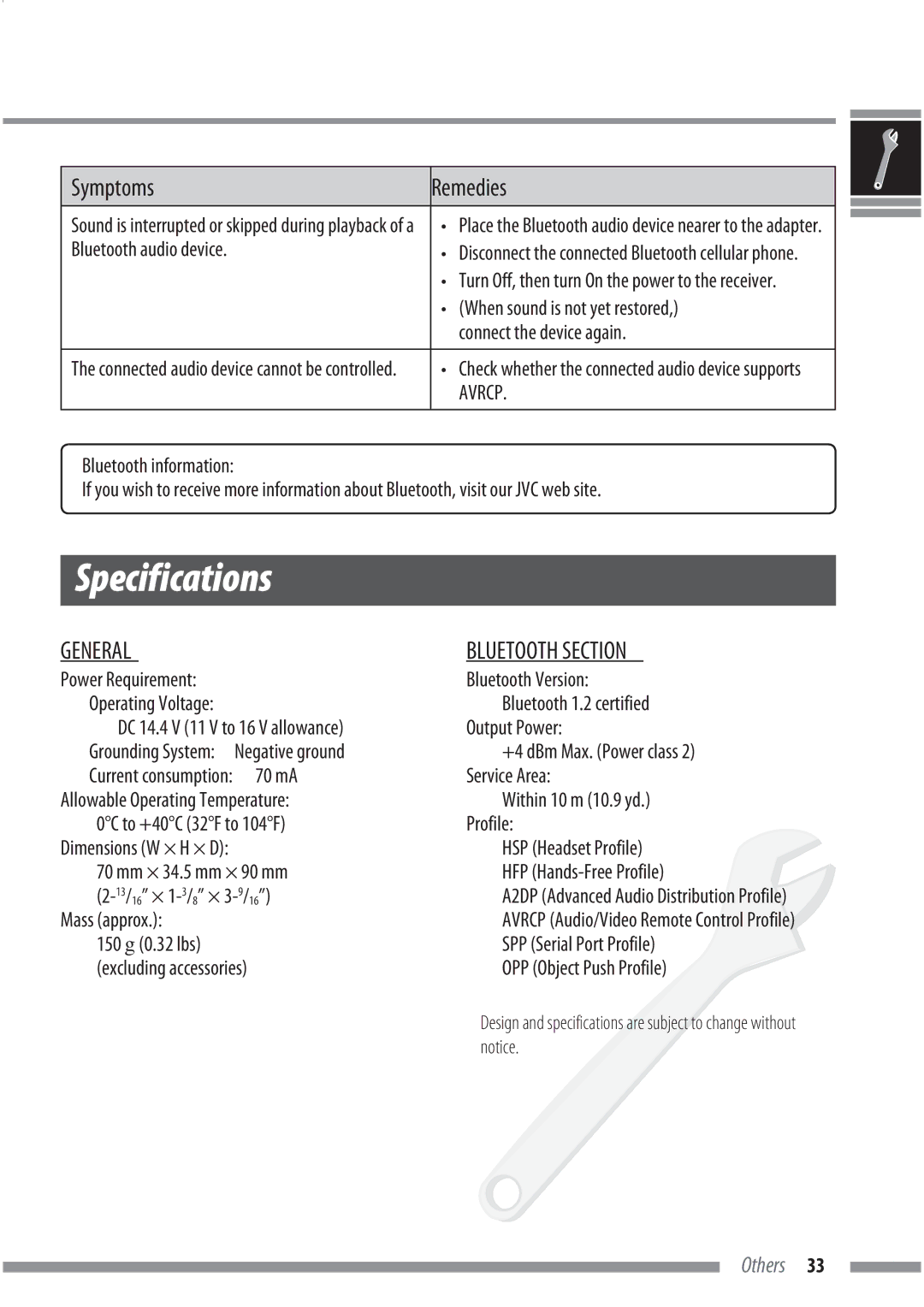 JVC KS-BTA200 manual Specifications 