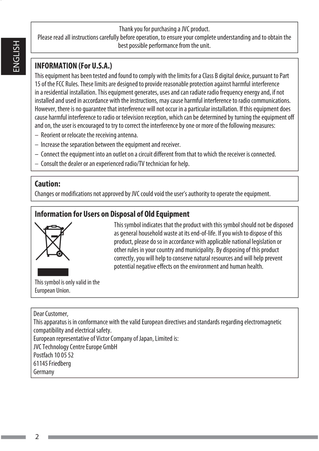 JVC KS-BTA200 manual Information For U.S.A, Information for Users on Disposal of Old Equipment, Postfach 10 05 