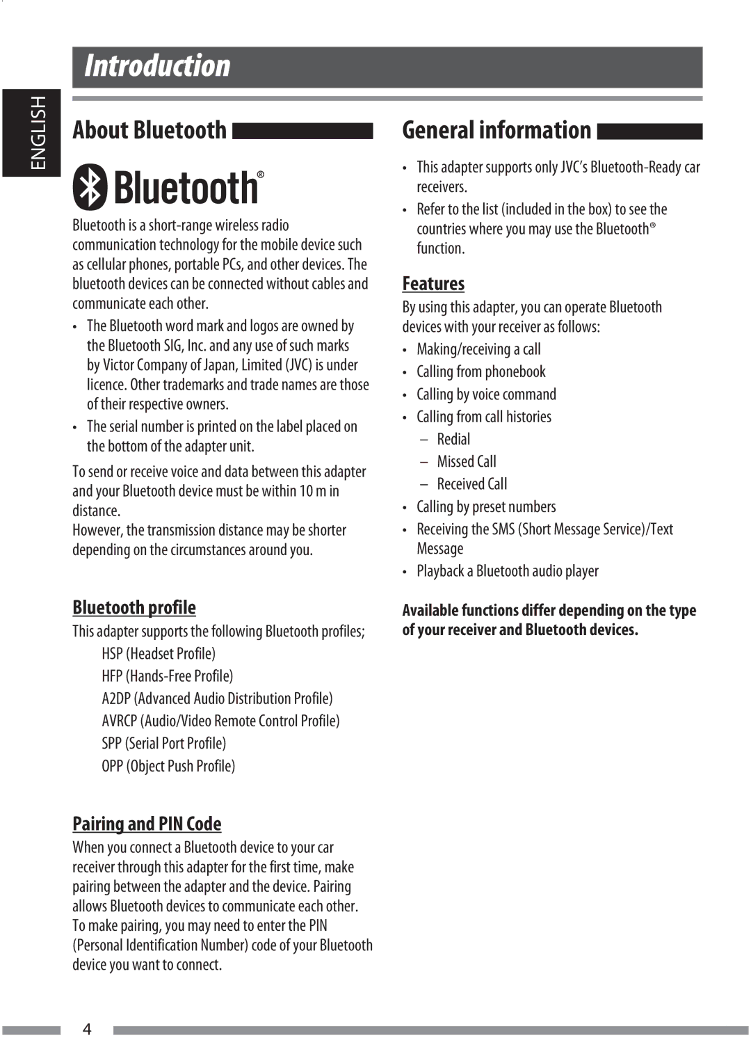 JVC KS-BTA200 manual Bluetooth profile, Features, Pairing and PIN Code, HFP Hands-Free Profile, OPP Object Push Profile 