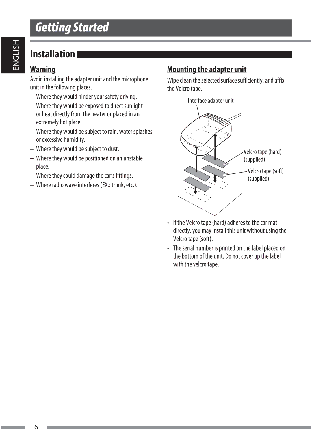 JVC KS-BTA200 manual Getting Started, Installation, Mounting the adapter unit 