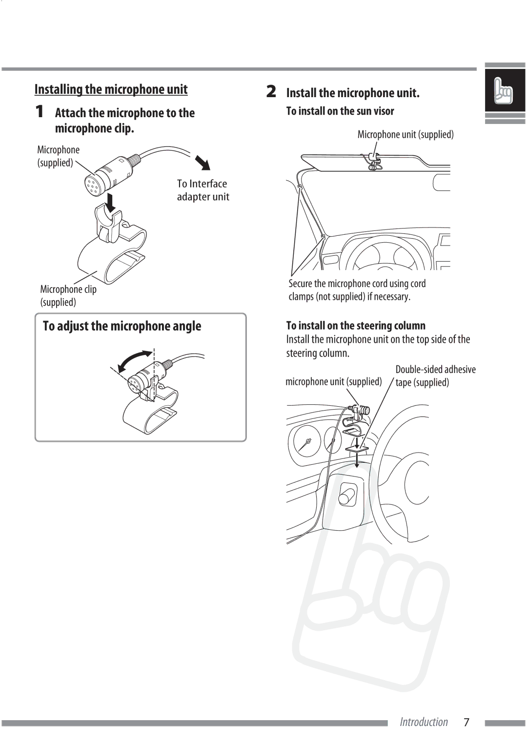 JVC KS-BTA200 Installing the microphone unit, To adjust the microphone angle, Attach the microphone to, Microphone clip 