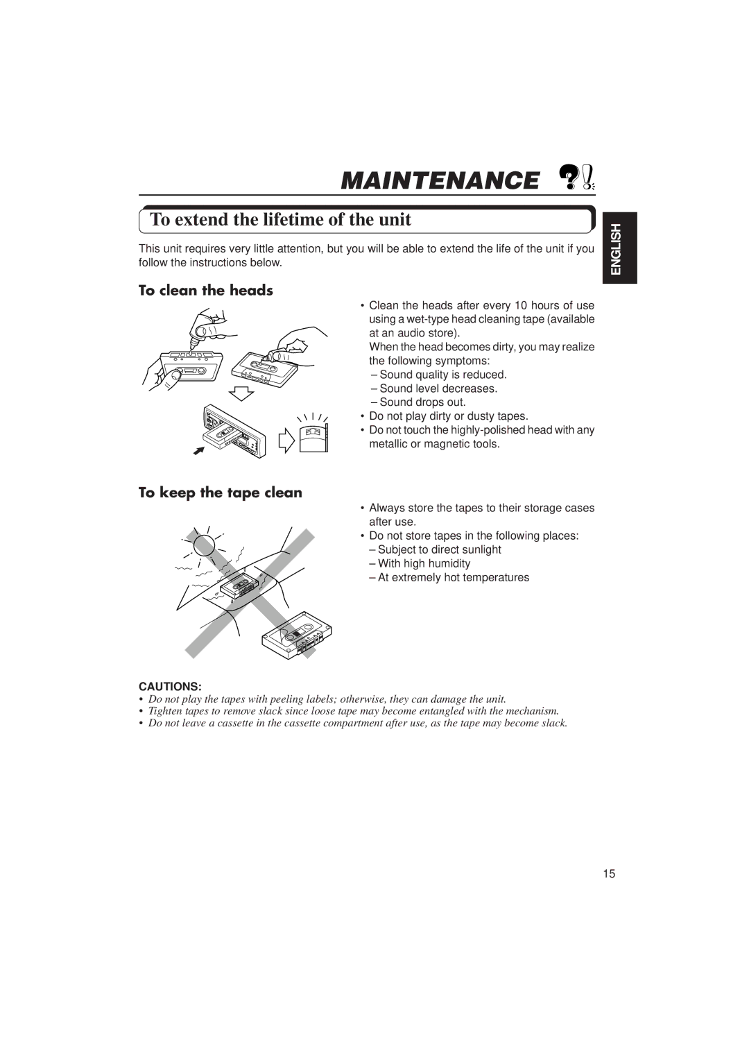 JVC KS F100 manual Maintenance, To extend the lifetime of the unit, To clean the heads, To keep the tape clean 